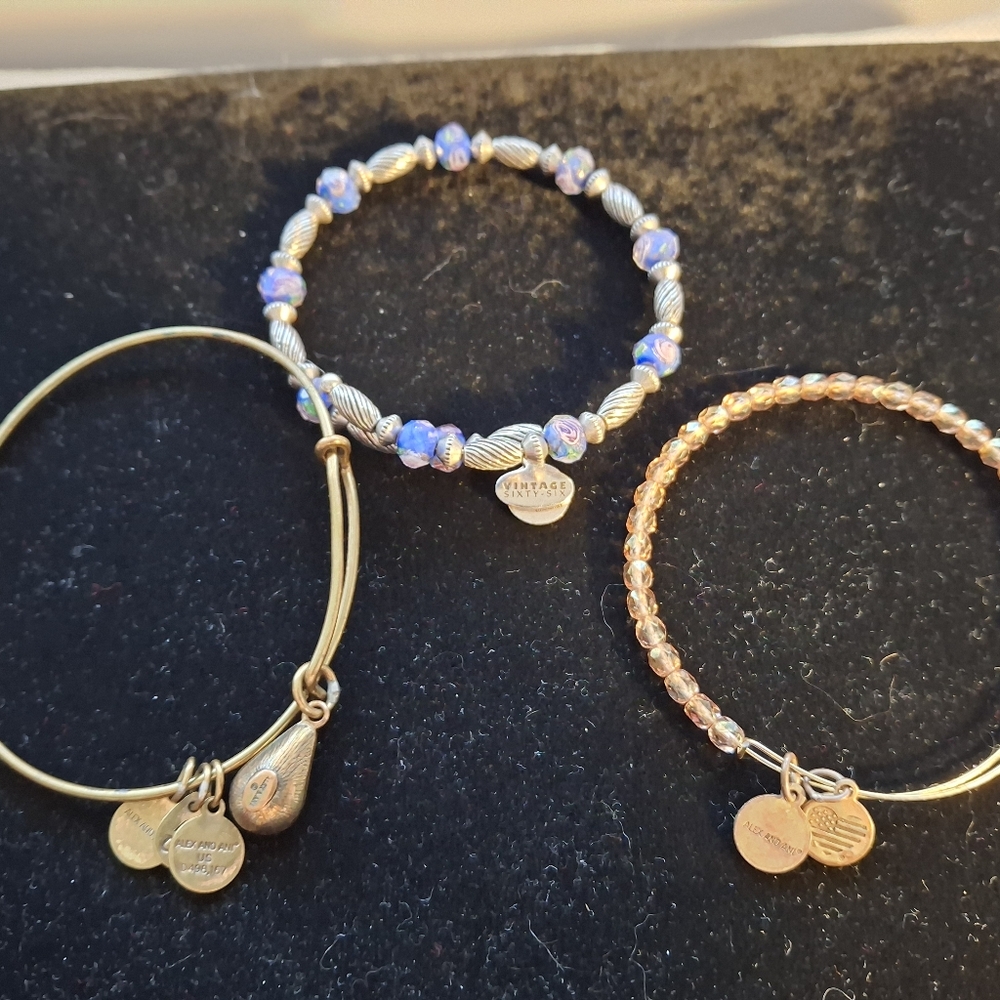 Alex and Ani Blue, Gold, Rose Gold Three-Piece Bracelet Set